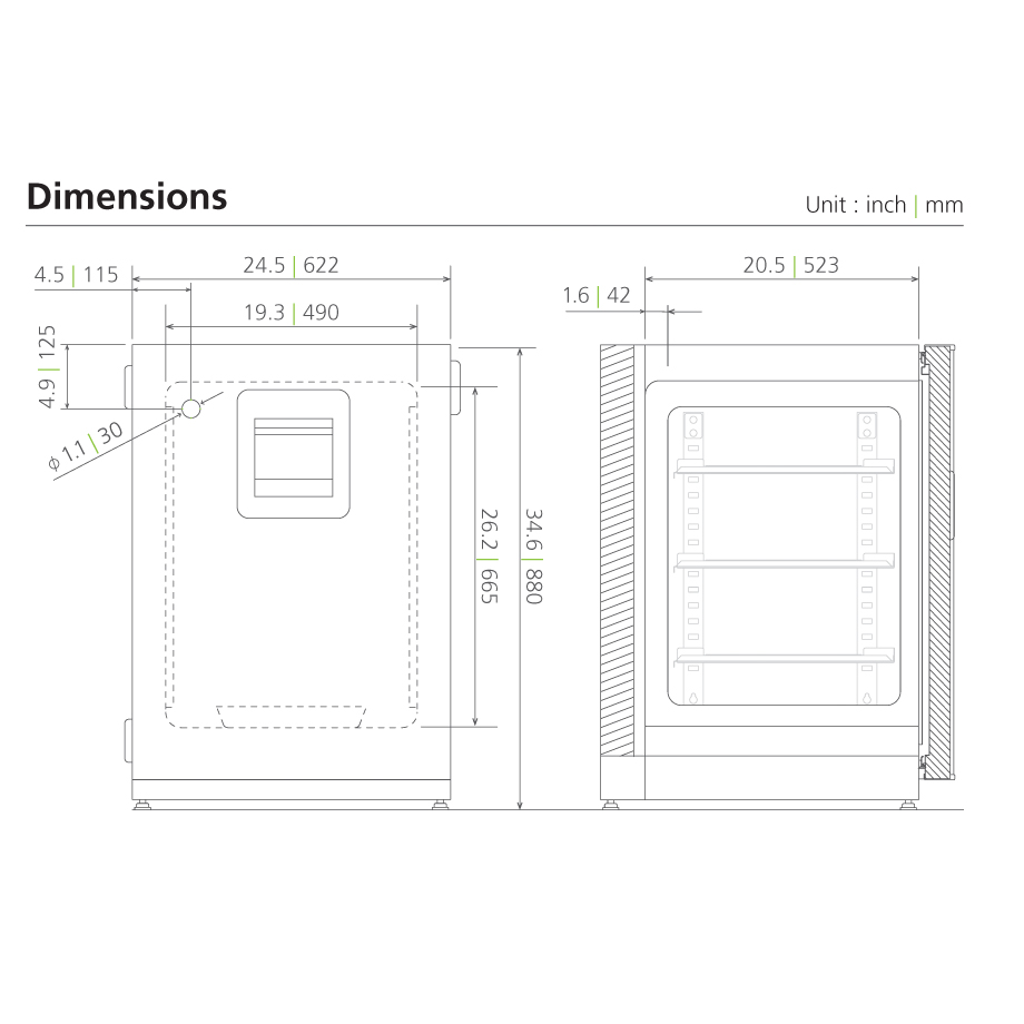 CytoGrow ReachIn incubator MCO-80ICL Dimensional Drawing