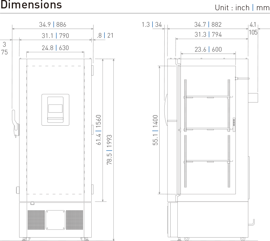 ultra-low freezers laboratory MDF-DU502VXC Dimensional Drawing