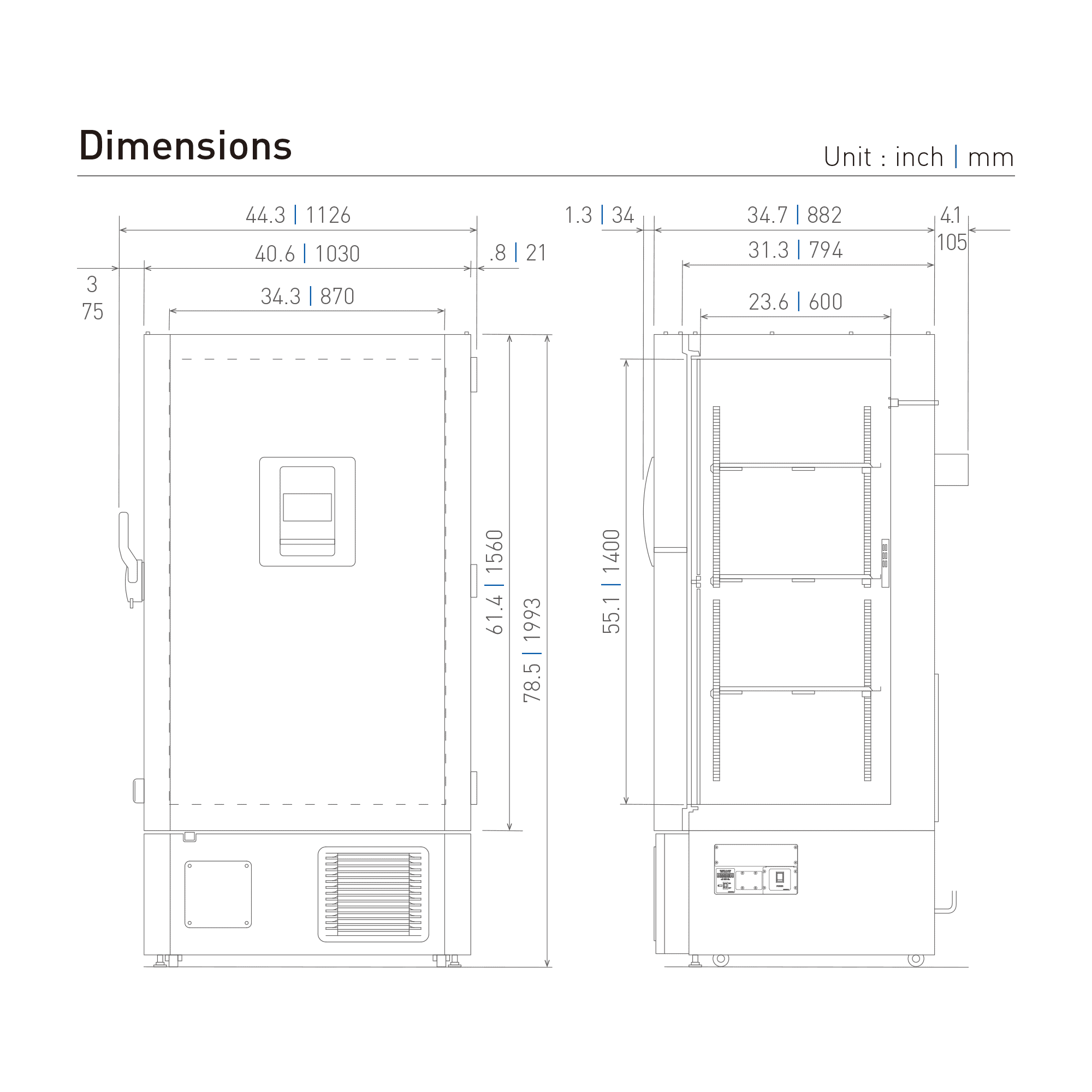 MDF-DU702VH-PA Ultra Low Freezer Dimensional Drawing
