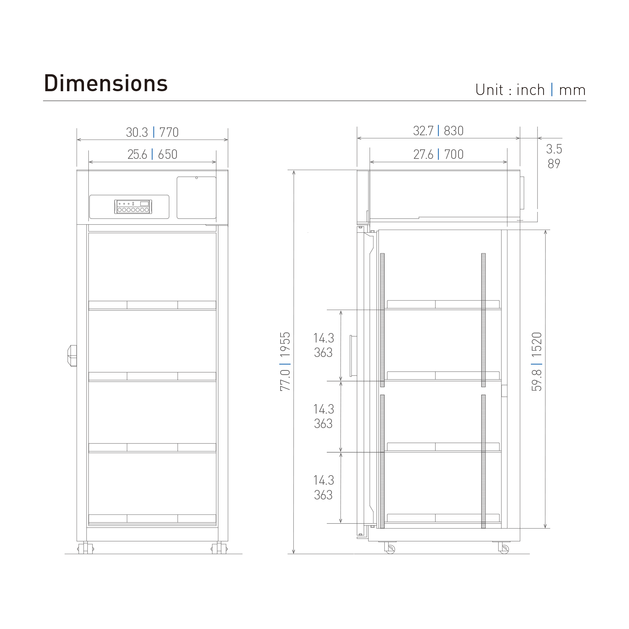 Short-Term Lab Storage Freezer MDF-U731M-PA Dimensional Drawing